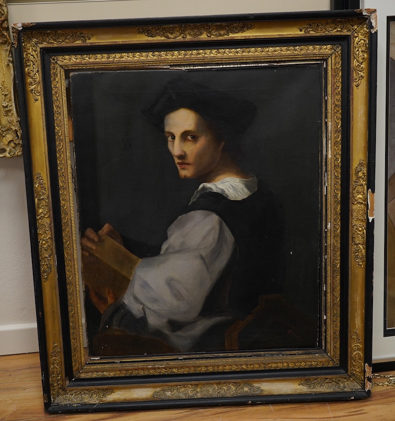 After Andrea del Sarto (Italian, 1486-1530), oil on canvas, Portrait of a young man, housed in an ebonised and gilt frame, 77 x 63cm. Condition - fair, canvas sagging